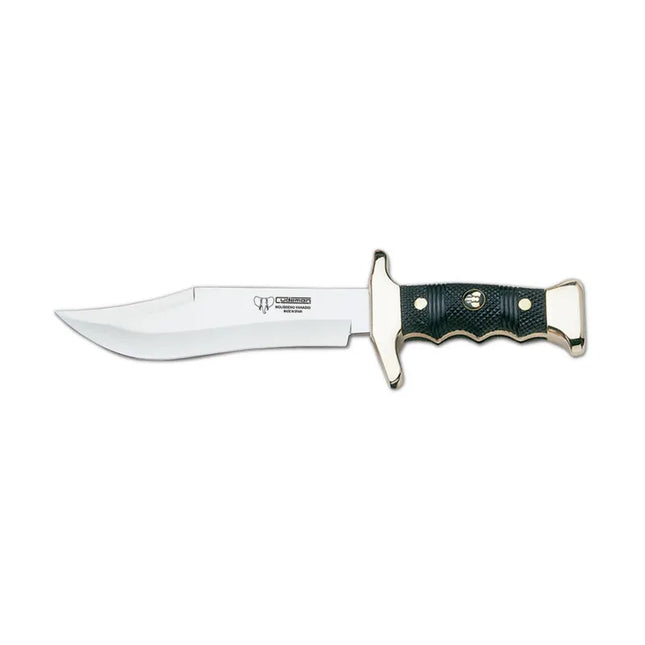 KNIVES - CUDEMAN CLIP POINT 18.5CM SATIN FINISH ABS GOLD TRIM HANDLE /LEATHER SHEATH Shoalhaven Shooting