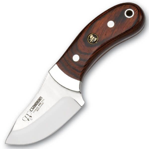 CUDEMAN - SKINNER 7CM MOUSE STYLE, ROSE WOOD HANDLE W/SHEATH