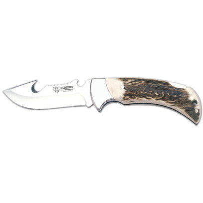 KNIVES - CUDEMAN – FOLDING SKINNER 9CM GUT HOOK BLADE, POLISHED DEER ANTLER HANDLE / NO SHEATH Shoalhaven Shooting