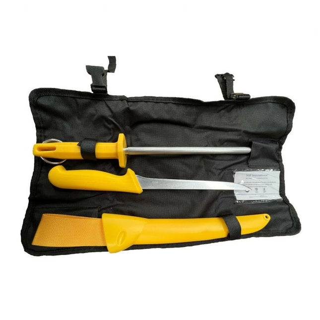 This knife features a wide straight blade and a yellow handle, making it a reliable tool for various butchering tasks.