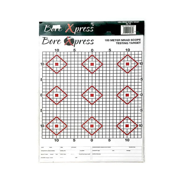 It features preprinted tracking lines for milliradian (MRAD), IPHY, and MOA adjustments, making it an essential tool for precision shooters and scope testing.