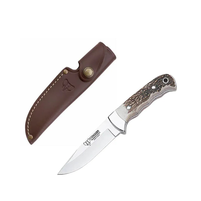 CUDEMAN - DROP POINT, 10 CM VANDIUM BLADE, POLISHED DEER ANTLER HANDLE, W/SHEATH