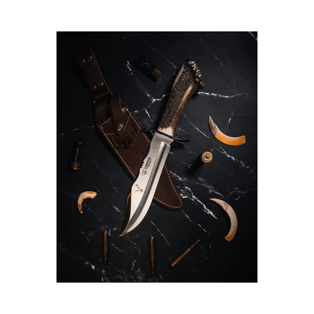 CUDEMAN - BOWIE 24.5CM BLADE, POLISHED STAG ROSETT HANDLE W/SHEATH (294-C)