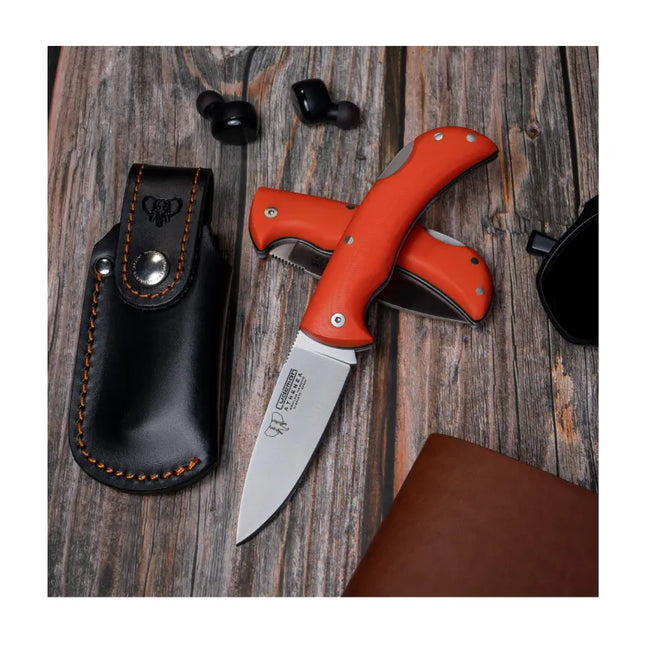 CUDEMAN - FOLDING SKINNER 8CM DROP POINT, ORANGE G10 HANDLE / SHEATH (345-JF ATHENA)