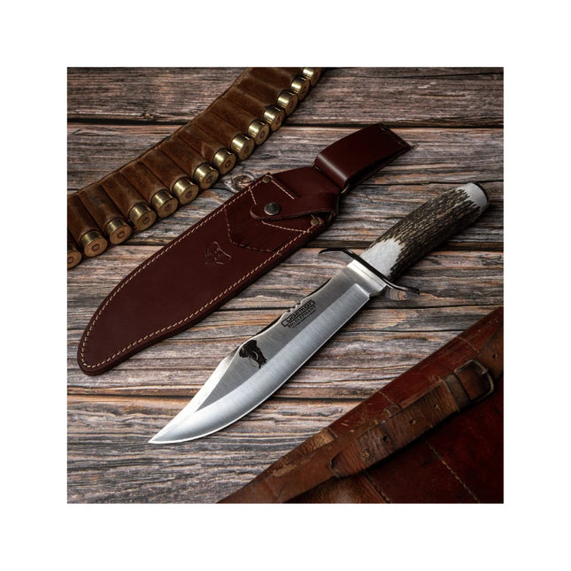 CUDEMAN - BIG ELEPHANT BOWIE 24.5CM BLADE, POLISHED DEER ANTLER HANDLE W/SHEATH (294-CR)