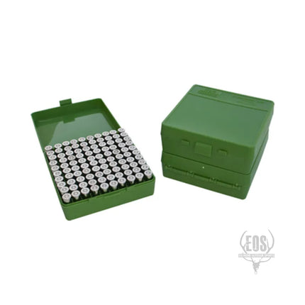 AMMUNITION STORAGE - MTM PISTOL AMMO BOX 100 ROUND FLIP-TOP 44 MAG, 45COLT - GREEN Shoalhaven Shooting