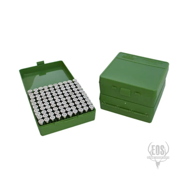 AMMUNITION STORAGE - MTM PISTOL AMMO BOX 100 ROUND FLIP-TOP 44 MAG, 45COLT - GREEN Shoalhaven Shooting