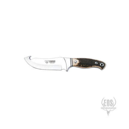 KNIVES - CUDEMAN – SKINNER 13CM GUT HOOK BLADE, POLISHED DEER ANTLER HANDLE / LEATHER SHEATH Shoalhaven Shooting