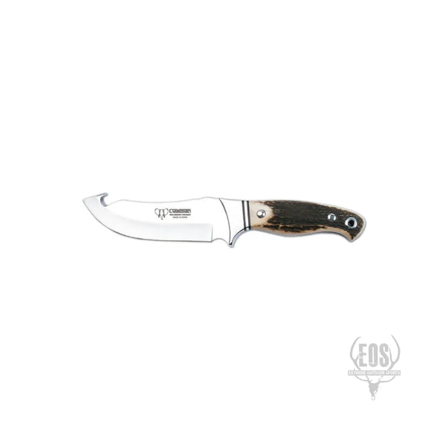 KNIVES - CUDEMAN – SKINNER 13CM GUT HOOK BLADE, POLISHED DEER ANTLER HANDLE / LEATHER SHEATH Shoalhaven Shooting
