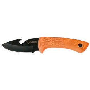 KNIVES - CUDEMAN – SKINNER 9CM BLACK ANODIZED GUT HOOK BLADE, FLURO RUBBERISED HANDLE / LEATHER SHEATH Shoalhaven Shooting