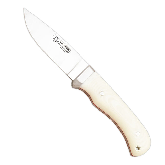 This knife features a 10cm standard blade and a polished white handle, making it a reliable tool for various outdoor activities.