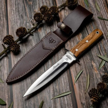 CUDEMAN - KAINDA 16.5CM DAGGER STYLE PIGGING KNIFE, OLIVE HANDLE W/SHEATH