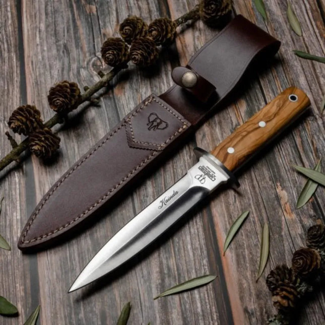 CUDEMAN - KAINDA 16.5CM DAGGER STYLE PIGGING KNIFE, OLIVE HANDLE W/SHEATH