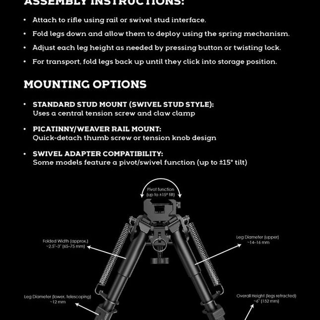 BALLISTICS HARDWARE REAPER BIPOD 6-9" PIVOT (PIC RAIL ADAPTER INCLUDED)