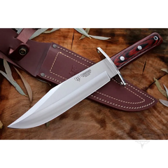 This knife features a 25cm blade and a polished red stamin wood handle, making it a reliable tool for various outdoor activities.