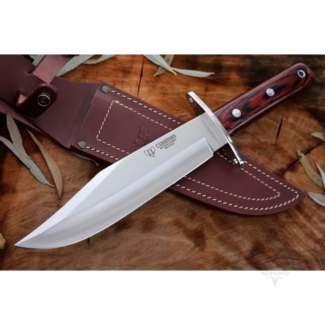 This knife features a 25cm blade and a polished red stamin wood handle, making it a reliable tool for various outdoor activities.
