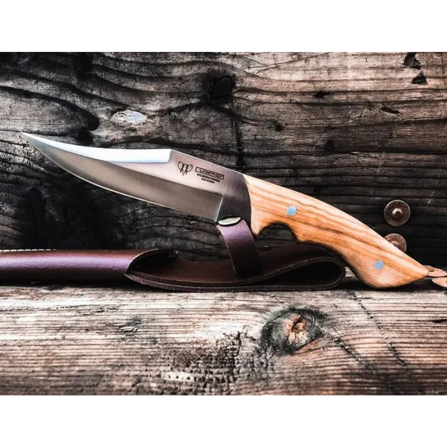 This knife features a 16cm satin finish blade and a satin olive wood handle, making it a reliable tool for various outdoor activities.