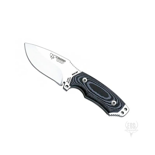 This knife features a 9cm anodized blade and a black micarta handle with red lines, making it a reliable tool for various outdoor activities.