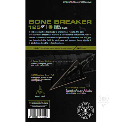 ARCHERY - HEADHUNTER ARCHERY BROADHEADS - BONE BREAKER SOLID 3 BLADE 125GR (6PK) Shoalhaven Shooting