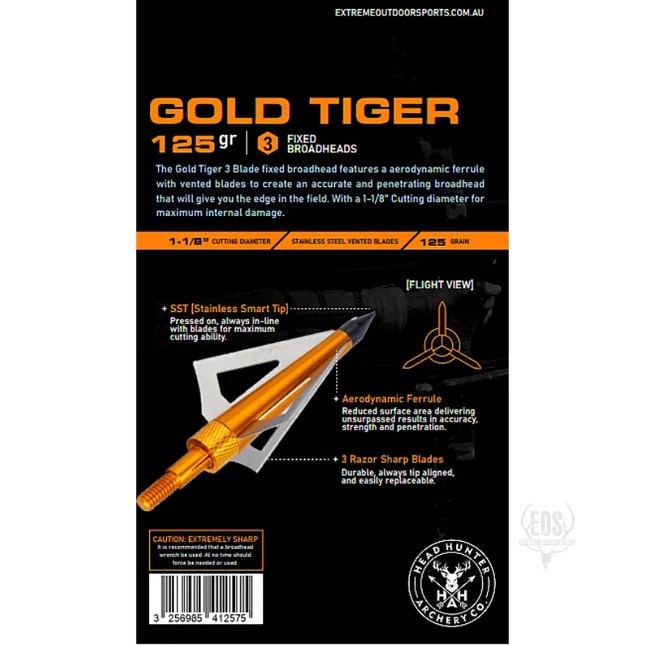 ARCHERY - HEADHUNTER ARCHERY BROADHEADS - GOLD TIGER 3 BLADE 125GR (6PK) Shoalhaven Shooting