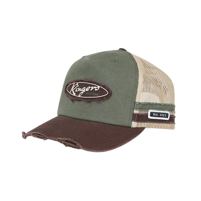 RINGERS WESTER WORN OUT DEEP FIT TRUCKER CAP - ARMY / CHOCOLATE