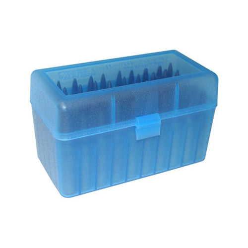 SHOOTING ACCESSORIES - MTM RIFLE AMMO BOX - 50 ROUND FLIP-TOP 243WIN,308WIN,220 SWIFT - CLEAR BLUE Shoalhaven Shooting