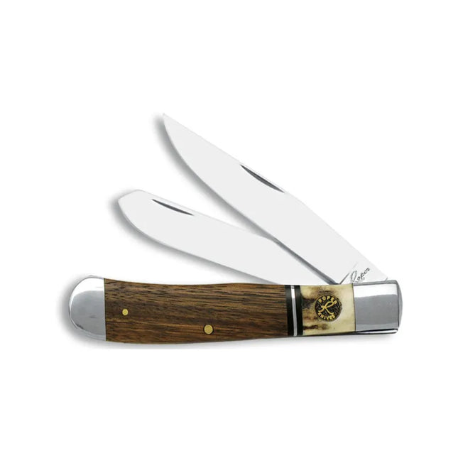 This knife features two blades and a combination of stag and wood handle, making it a reliable tool for various tasks.