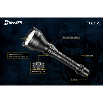 SPERAS T217 HUNTING FLASHLIGHT KIT - 1400M BEAM DISTANCE (1400LM) - 1000MAH RECHARGABLE BATTERY