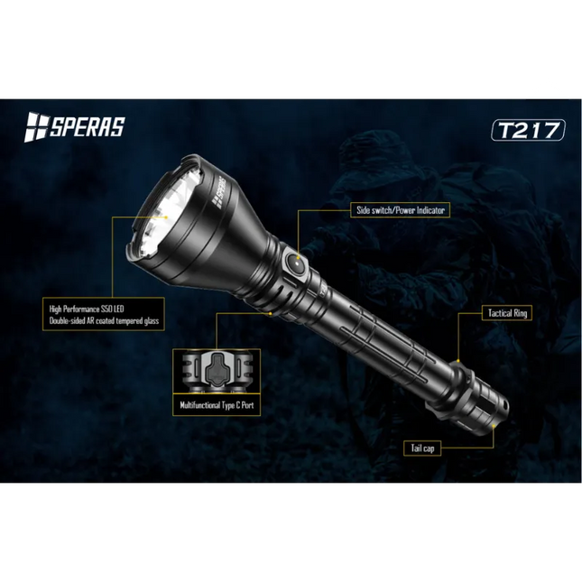SPERAS T217 HUNTING FLASHLIGHT KIT - 1400M BEAM DISTANCE (1400LM) - 1000MAH RECHARGABLE BATTERY