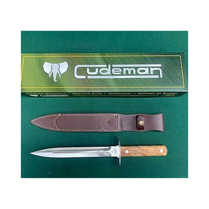 KNIVES - CUDEMAN PIG STICKER 31 CM SATIN FINISH BLADE SATIN OLIVE TREE WOOD HANDLE /LEATHER SHEATH Shoalhaven Shooting