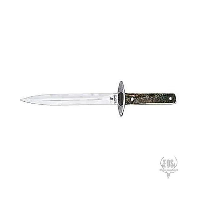 This knife features a 24cm satin finish blade and a polished stag handle, making it a reliable tool for various outdoor activities, especially boar hunting.