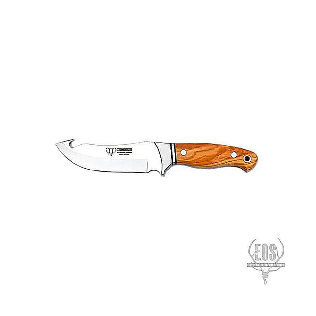 This knife features a 15cm gut hook blade and a satin olive wood handle, making it a reliable tool for various outdoor activities.