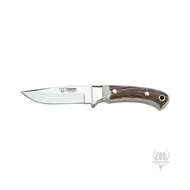 his knife features a 10cm clip point blade, a polished deer antler handle, and a gold tang, making it a reliable tool for various outdoor activities.