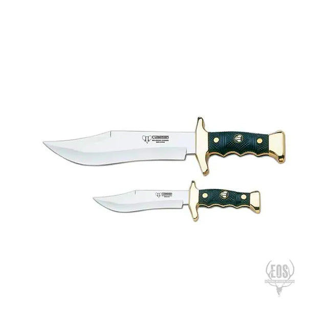 KNIVES - CUDEMAN CLIP POINT COMBO 21CM+13CM SATIN FINSH BLADE ABS GOLD TRIM HANDLE /LEATHER SHEATH Shoalhaven Shooting