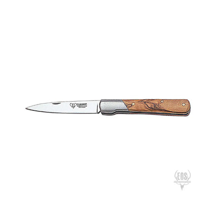 This knife features a 9cm stiletto blade and an olive wood handle, making it a reliable tool for various outdoor activities.