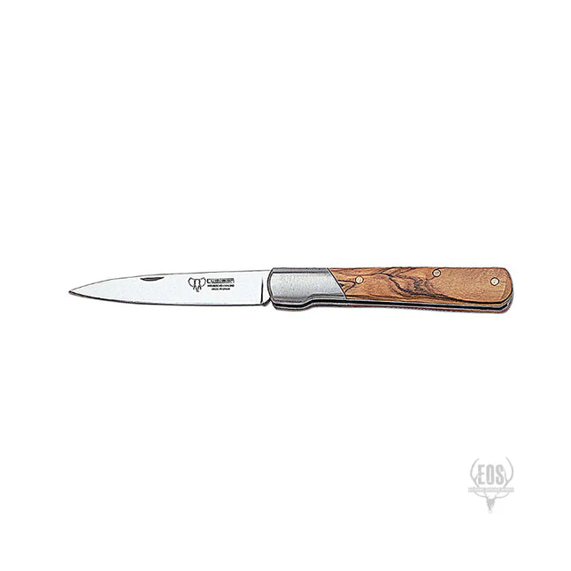 This knife features a 9cm stiletto blade and an olive wood handle, making it a reliable tool for various outdoor activities.