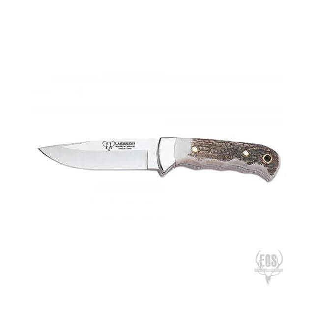 CUDEMAN – SKINNER 11CM DROP POINT BLADE, POLISHED DEER ANTLER HANDLE / LEATHER SHEATH