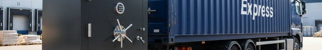 Generate an image of a Gun Safe beside a container van with a lable "Deliver Express"